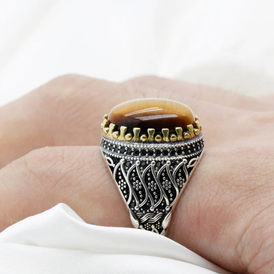 Natutal-Anillo de Plata de Ley 925 con ojos de tigre para hombre, piedra de circonita negra, flor de Osier, estilo Punk, fiesta, boda, Rin - malaquita tienda 36