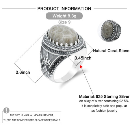 Anillo de plata S925 hecha a mano, piedra de coral natural, joyería para hombres, regalo de fiesta de vacaciones