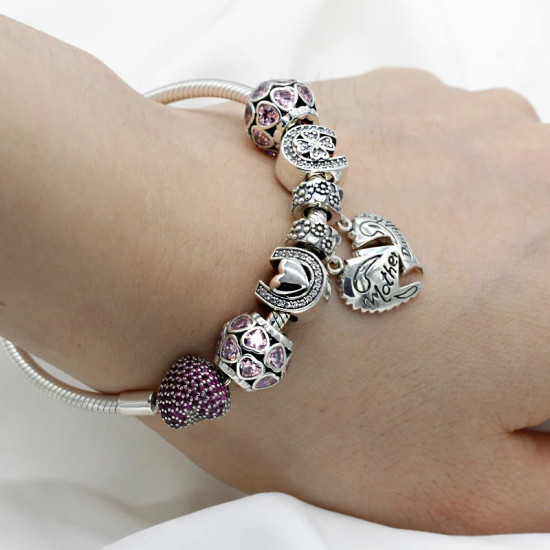 Pulsera de plata 925 auténtica, amuletos de seguridad con corazón de amor, cuentas rosas, amuletos de trébol, estilo romántico, compatibles con pulseras originales - malaquita tienda 36