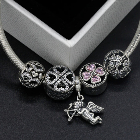 Pulseras de plata de ley 925 pura con forma de corazón, abalorio de amor de Cupido, producción de joyería artesanal - malaquita tienda 36