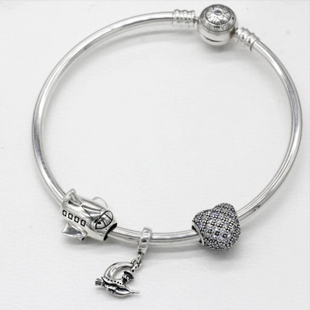 Pulsera Vintage de plata esterlina 925, abalorio de corazón de amor de avión lleno de CZ transparente, joyería artesanal Pulsera Vintage de plata esterlina 925, abalorio de corazón de amor de avión lleno de CZ transparente, joyería artesanal