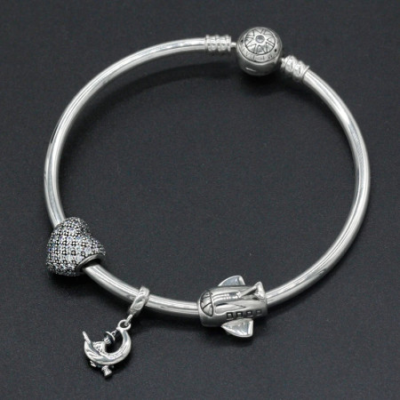 Pulsera Vintage de plata esterlina 925, abalorio de corazón de amor de avión lleno de CZ transparente, joyería artesanal Pulsera Vintage de plata esterlina 925, abalorio de corazón de amor de avión lleno de CZ transparente, joyería artesanal