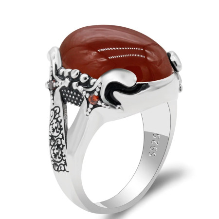 Anillo grande de Plata de Ley 925 para hombre, piedra de ágata Natural roja, líneas rojas de CZ, anillo Vintage para fiesta, estilo fresco, anillo de Turquía
