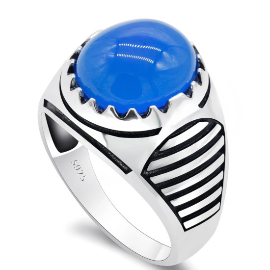 Anillo de plata 925 auténtica con piedra de ágata Natural para hombre, joyería de piedras preciosas azules, anillos de boda, línea de equilibrio, joyería fina - malaquita tienda 36