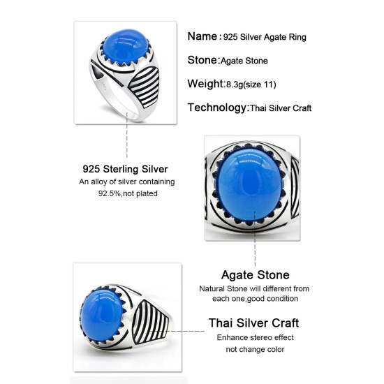 Anillo de plata 925 auténtica con piedra de ágata Natural para hombre, joyería de piedras preciosas azules, anillos de boda, línea de equilibrio, joyería fina - malaquita tienda 36