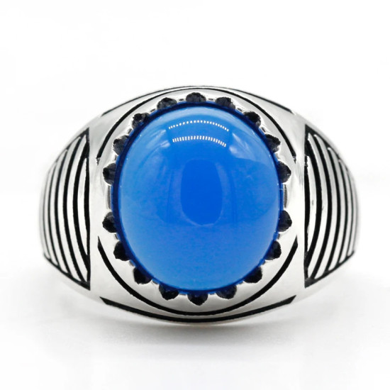 Anillo de plata 925 auténtica con piedra de ágata Natural para hombre, joyería de piedras preciosas azules, anillos de boda, línea de equilibrio, joyería fina - malaquita tienda 36