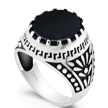 Anillo de Plata de Ley 925 con piedra de ágata Natural negra para hombre, sello de ciruela con goteo, anillo de sello de nota Musical, joyería fina