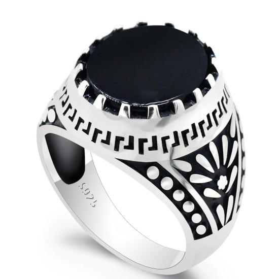 Anillo de Plata de Ley 925 con piedra de ágata Natural negra para hombre, sello de ciruela con goteo, anillo de sello de nota Musical, joyería fina - malaquita tienda 36