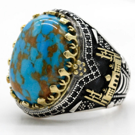 Anillos de plata de ley 925 auténtica para hombre, piedra turquesa Natural azul, anillo Vintage para fiesta de boda, joyería turca con forma de luna y Castillo Anillos de plata de ley 925 auténtica para hombre, piedra turquesa Natural azul, anillo Vintage para fiesta de boda, joyería turca con forma de luna y Castillo