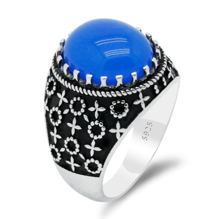 Anillo de Plata de Ley 925 con piedra de ágata Natural azul para hombres, plantas, Flor del sol, estilo clásico, anillo de boda turco, joyería fina