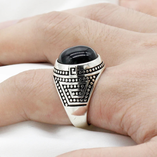 Anillo de Plata de Ley 925 para hombre, piedra de ágata Natural negra, piedra preciosa Vintage, regalo de joyería de boda para fiesta, joyería fina con letras E - malaquita tienda 36