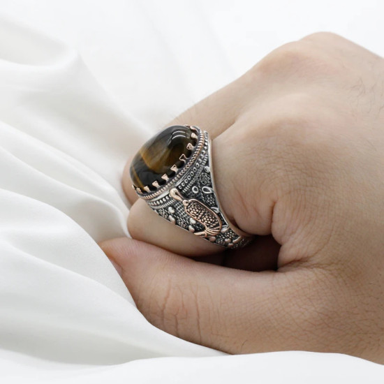 Anillo de Plata de Ley 925 pura para hombre, piedra de Ojos de tigre Natural, Ancla de Oro por goteo, anillo Vintage para fiesta, joyería de Turquía, anillo exquisito - malaquita tienda 36