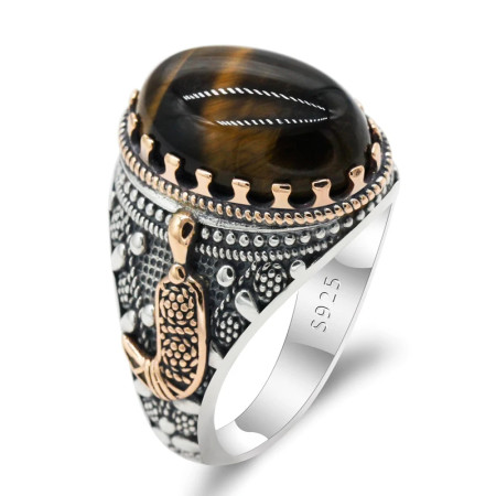 Anillo de Plata de Ley 925 pura para hombre, piedra de Ojos de tigre Natural, Ancla de Oro por goteo, anillo Vintage para fiesta, joyería de Turquía, anillo exquisito