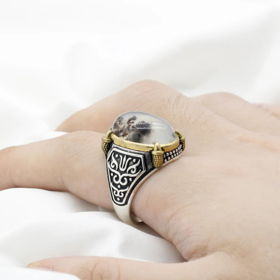 Anillo de plata 925 auténtica para hombre, piedra de ágata Natural, pintura de tinta de Diablo, diseño Vintage, anillo de boda de moda - malaquita tienda 36