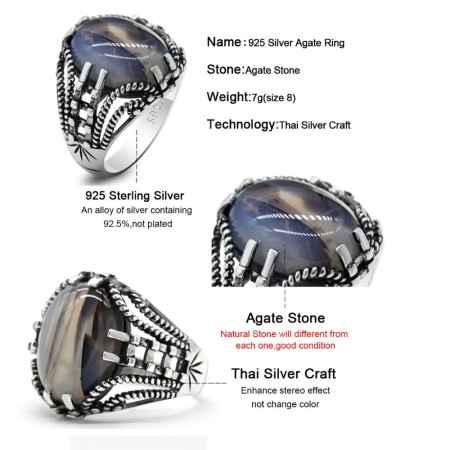 Anillo de plata 925 auténtica para hombre, piedra de ágata Natural, estilo misterioso, joyería de boda Vintage, regalo de garra, diseño hueco, roca Anillo de plata 925 auténtica para hombre, piedra de ágata Natural, estilo misterioso, joyería de boda Vintage, regalo de garra, diseño hueco, roca