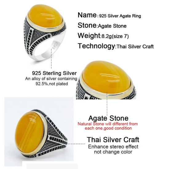 Anillo de plata 925 sólida para hombre, anillo de piedra Ágata turco hecho a mano, Plata de lujo, anillo Vintage para hombre, joyería fina anillos de piedra de ágata para hombre plata - malaquita tienda 36