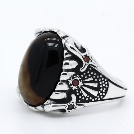 Anillo negro turco de Plata de Ley 925 sólida para hombre, piedra de ágata Natural, manchas Vintage de girasol, joyería fina, Regalo para marido