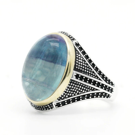 Anillo de Plata de Ley 925 con piedra fluorita Natural para hombre, joyería turca hecha a mano, exquisita, Shofar, salud y amor Anillo de Plata de Ley 925 con piedra fluorita Natural para hombre, joyería turca hecha a mano, exquisita, Shofar, salud y amor