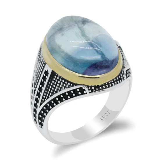 Anillo de Plata de Ley 925 con piedra fluorita Natural para hombre, joyería turca hecha a mano, exquisita, Shofar, salud y amor - malaquita tienda 36