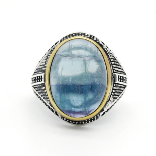 Anillo de Plata de Ley 925 con piedra fluorita Natural para hombre, joyería turca hecha a mano, exquisita, Shofar, salud y amor - malaquita tienda 36