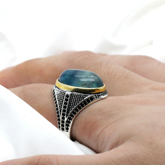 Anillo de Plata de Ley 925 con piedra fluorita Natural para hombre, joyería turca hecha a mano, exquisita, Shofar, salud y amor - malaquita tienda 36