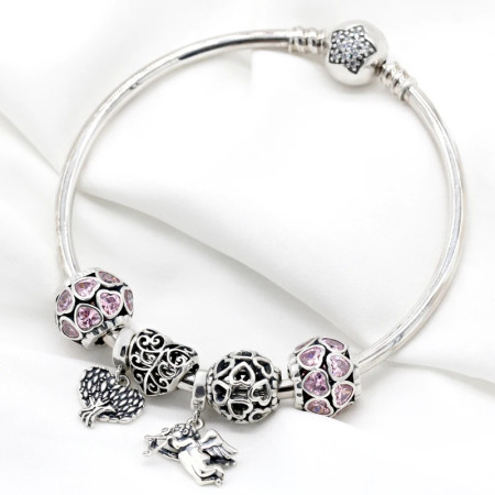 Pulsera de plata de ley 925 sólida para madre, abalorio redondo de corazones rosas, Cupido, árbol de la sabiduría, joyería artesanal, regalo romántico de lujo Pulsera de plata de ley 925 sólida para madre, abalorio redondo de corazones rosas, Cupido, árbol de la sabiduría, joyería artesanal, regalo romántico de lujo