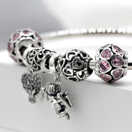 Pulsera de plata de ley 925 sólida para madre, abalorio redondo de corazones rosas, Cupido, árbol de la sabiduría, joyería artesanal, regalo romántico de lujo Pulsera de plata de ley 925 sólida para madre, abalorio redondo de corazones rosas, Cupido, árbol de la sabiduría, joyería artesanal, regalo romántico de lujo