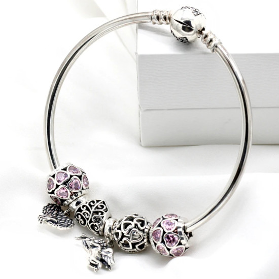 Pulsera de plata de ley 925 sólida para madre, abalorio redondo de corazones rosas, Cupido, árbol de la sabiduría, joyería artesanal, regalo romántico de lujo - malaquita tienda 36