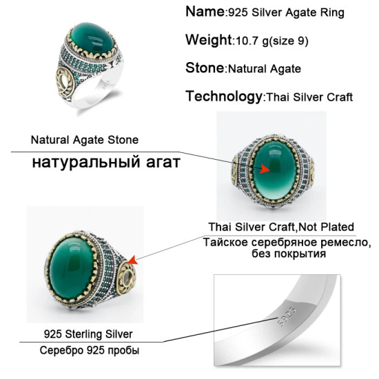Anillo de plata esterlina 925 para hombre, sortija de trébol de circón verde, joya de la suerte para hombre, joya para fiesta/compromiso de boda - malaquita tienda 36