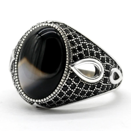 Anillo de ágata Natural para hombre, de Plata de Ley 925 pura, piedra preciosa ovalada Vintage con circonita negra, joyería turca hecha a mano Anillo de ágata Natural para hombre, de Plata de Ley 925 pura, piedra preciosa ovalada Vintage con circonita negra, joyería turca hecha a mano