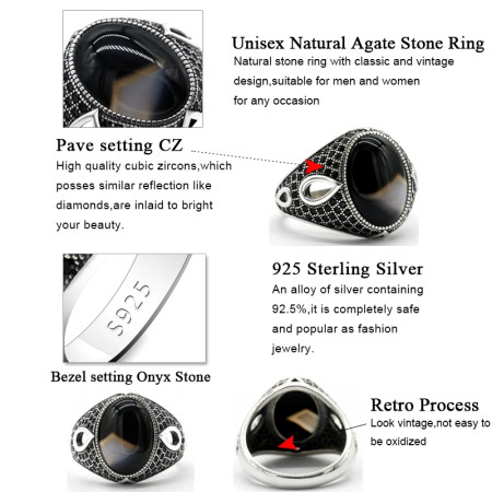 Anillo de ágata Natural para hombre, de Plata de Ley 925 pura, piedra preciosa ovalada Vintage con circonita negra, joyería turca hecha a mano Anillo de ágata Natural para hombre, de Plata de Ley 925 pura, piedra preciosa ovalada Vintage con circonita negra, joyería turca hecha a mano