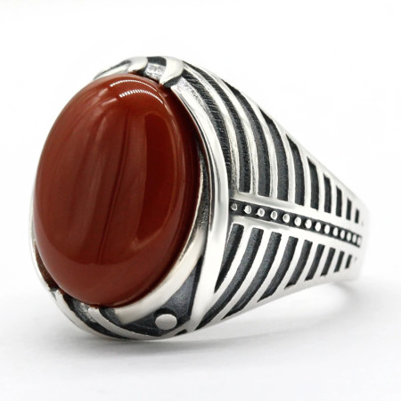 Anillo de Plata de Ley 925 para hombre, joyería turca con piedra de ágata roja Natural, anillos de rayas simples Vintage para hombre, regalo de cumpleaños y boda