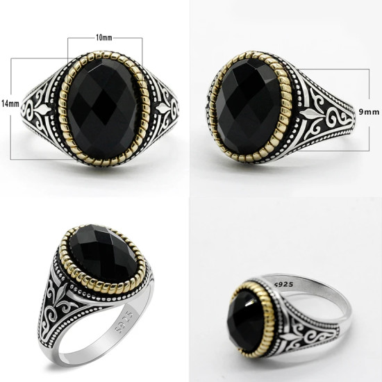 Anillo de plata 925 con piedra de circonita negra para hombre, joyería turca hecha a mano, regalo de Rock - malaquita tienda 36