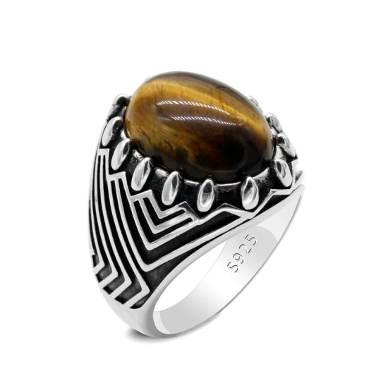 Anillo de plata de ley S925 para hombre y mujer, Gema Natural, piedra de ojo de Tigre, Retro, Simple, joyería para hombre y mujer - malaquita tienda 36