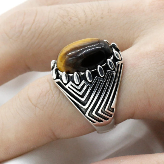 Anillo de plata de ley S925 para hombre y mujer, Gema Natural, piedra de ojo de Tigre, Retro, Simple, joyería para hombre y mujer - malaquita tienda 36