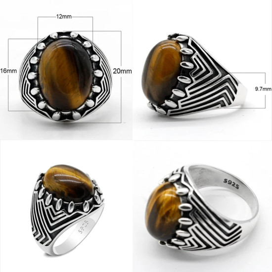 Anillo de plata de ley S925 para hombre y mujer, Gema Natural, piedra de ojo de Tigre, Retro, Simple, joyería para hombre y mujer - malaquita tienda 36