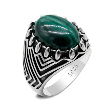 Anillo de plata S925 hecho a mano para hombre, piedra de pavo real natural, anillo de piedra verde, joyería de gama alta, regalo de compañero de lujo retro