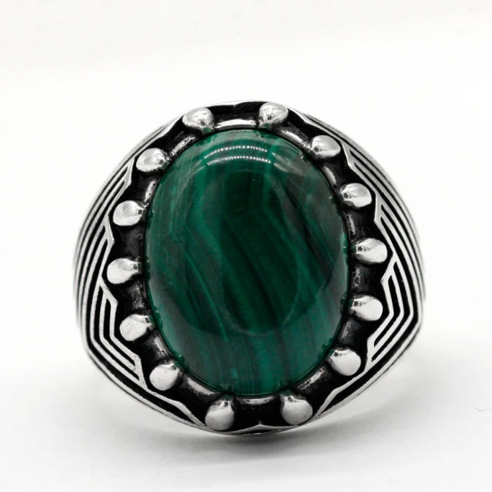 Anillo de plata S925 hecho a mano para hombre, piedra de pavo real natural, anillo de piedra verde, joyería de gama alta, regalo de compañero de lujo retro - malaquita tienda 36