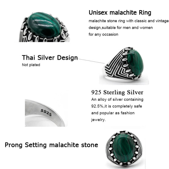 Anillo de plata S925 hecho a mano para hombre, piedra de pavo real natural, anillo de piedra verde, joyería de gama alta, regalo de compañero de lujo retro - malaquita tienda 36