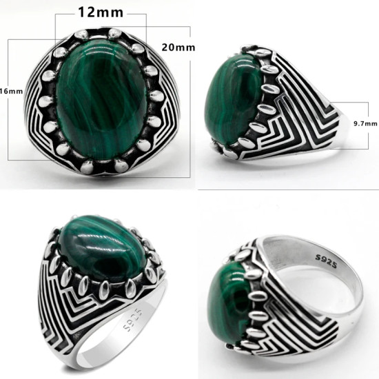 Anillo de plata S925 hecho a mano para hombre, piedra de pavo real natural, anillo de piedra verde, joyería de gama alta, regalo de compañero de lujo retro - malaquita tienda 36