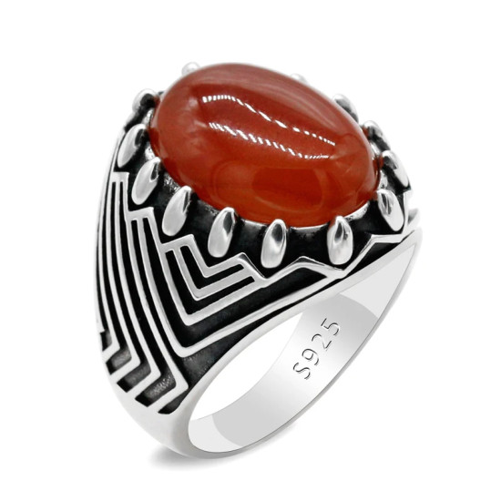 Anillo de Plata de Ley 925 para hombre, piedra de ágata Natural, tendencia de belleza turca, anillo favorable Retro para enviar al padre - malaquita tienda 36