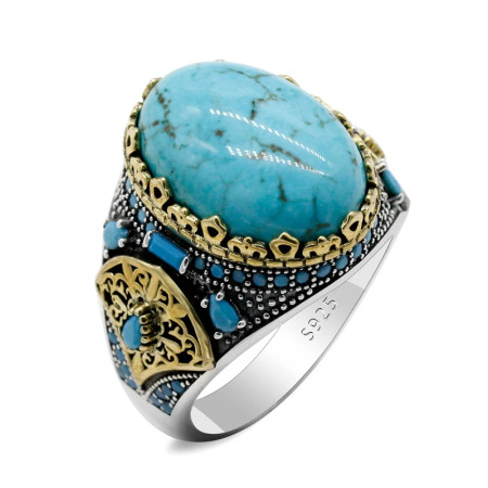 Anillo de turquesa Natural para hombre, de Plata de Ley 925, Castillo de Turquía, anillo de boda Retro de moda favorable