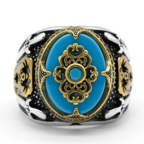 Anillo de plata de ley S925 para hombre, redondo turquesa, tgürkiye, hecho a mano, Retro, Punk, joyería de moda, uso diario, regalo del Día del Padre - malaquita tienda 36