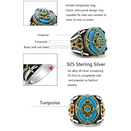 Anillo de plata de ley S925 para hombre, redondo turquesa, tgürkiye, hecho a mano, Retro, Punk, joyería de moda, uso diario, regalo del Día del Padre - malaquita tienda 36