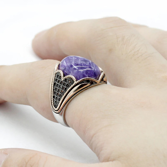 Anillo de plata 925 para hombre, oro rosa Natural, piedra de dragón púrpura, Retro, hecho a mano, joyería de roca de tendencia turca, regalo de Navidad - malaquita tienda 36