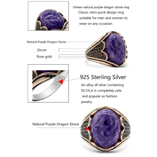Anillo de plata 925 para hombre, oro rosa Natural, piedra de dragón púrpura, Retro, hecho a mano, joyería de roca de tendencia turca, regalo de Navidad - malaquita tienda 36