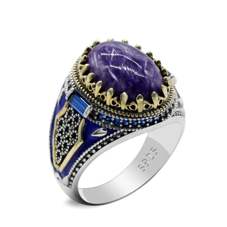 Anillo de plata pura s925 para hombre, piedra de dragón púrpura Natural, moda Retro, regalo hecho a mano, joyería para Festival, regalo de fiesta