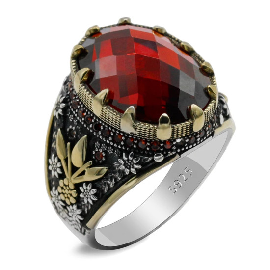 Anillo de Plata de Ley 925 para hombre, anillo de circón rojo ovalado para hombre, Vintage, Plata turca, joyería de moda, regalo - malaquita tienda 36