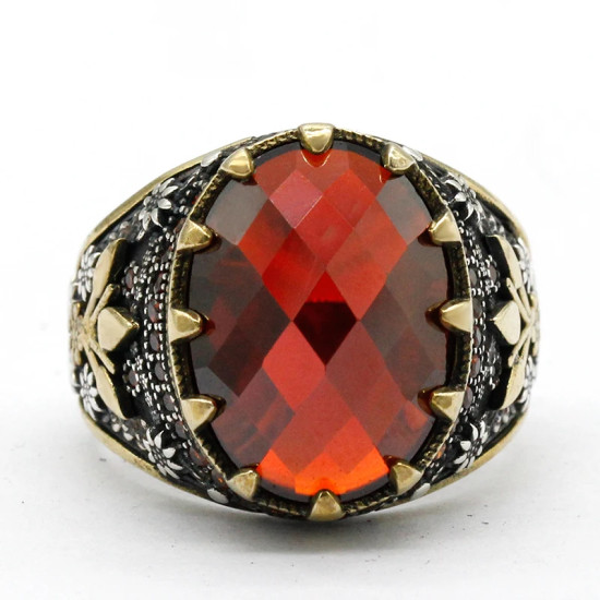 Anillo de Plata de Ley 925 para hombre, anillo de circón rojo ovalado para hombre, Vintage, Plata turca, joyería de moda, regalo - malaquita tienda 36