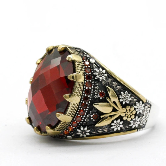 Anillo de Plata de Ley 925 para hombre, anillo de circón rojo ovalado para hombre, Vintage, Plata turca, joyería de moda, regalo - malaquita tienda 36